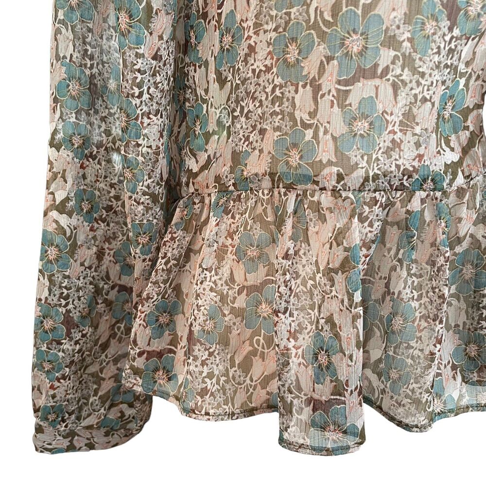 ZARA Denim Sz M Beige Teal Floral Semi-Sheer Peasant Blouse Top Lace Up Ruffle - Picture 6 of 9